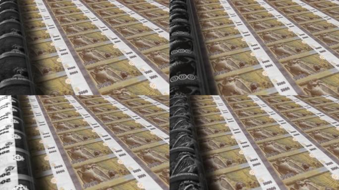 安哥拉，叙利亚英镑印刷机打印出当前5000英镑钞票，无缝循环，叙利亚货币背景，4K，聚焦深度Smoo