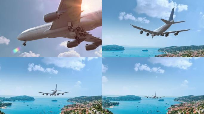 飞机飞行和降落法国尼斯蔚蓝海岸。飞机概念