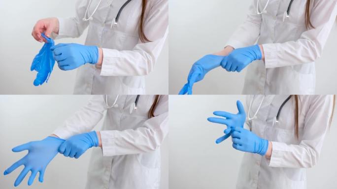 关闭科学家的手戴上丁腈蓝色乳胶手套，穿着丁腈手套，在实验室做实验