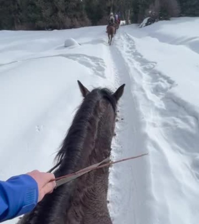 POV第一人称视角在雪道上骑马进入山区