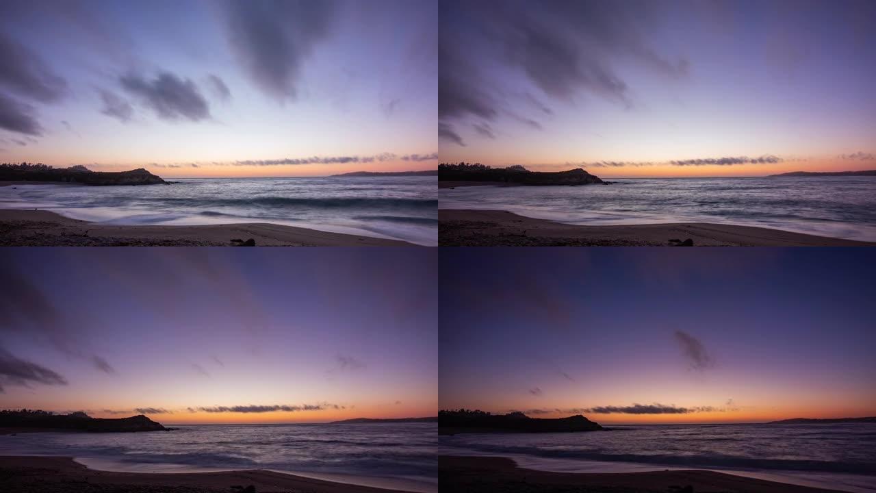 延时-加利福尼亚海滩上戏剧性而多彩的日落云
