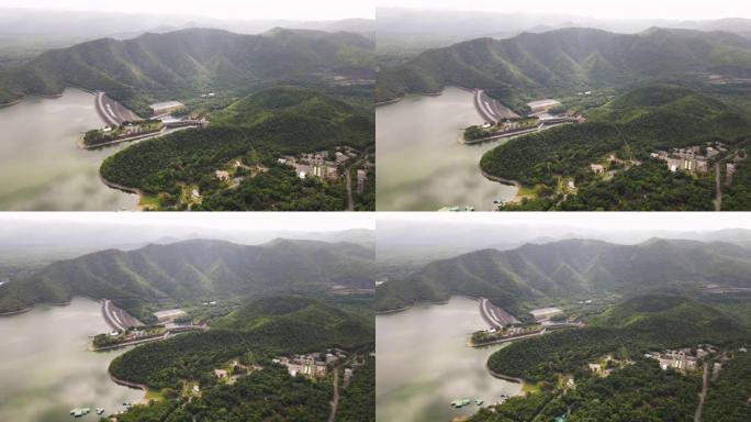 飞越水坝和水库湖俯拍俯视航拍风景风光