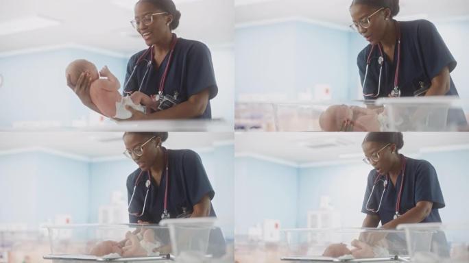 专业的非洲护士在托儿所诊所抱着和抚慰可爱的小高加索新生儿。医疗保健、妇产医院和为人父母的概念
