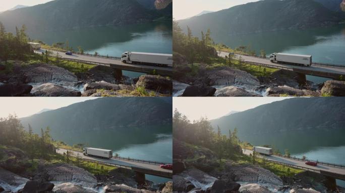 挪威l å tefossen瀑布附近道路上的卡车