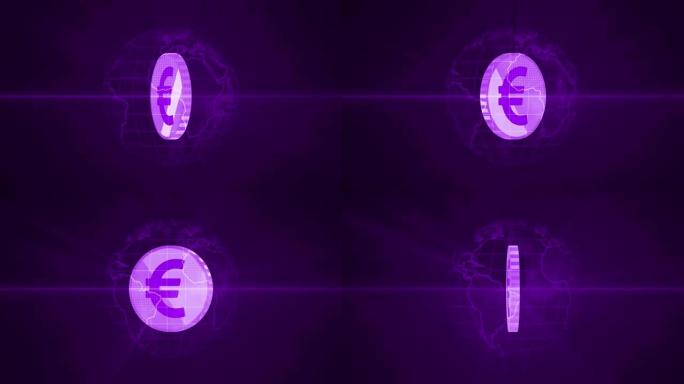 未来紫色粒子地球动画，内部欧元硬币旋转。Vd_1498