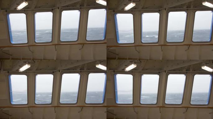 船在北极海中，海浪，内窗外观