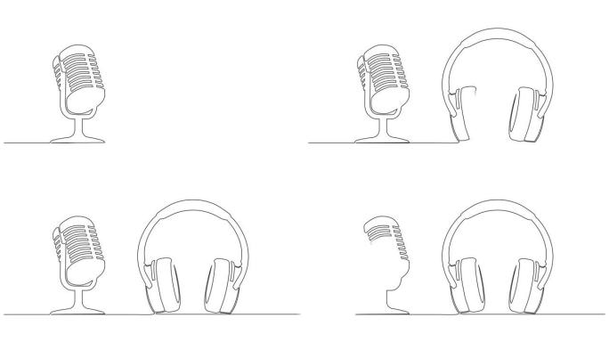 麦克风和耳机的连续单线图，播客概念