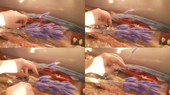 无法识别的女花店的特写镜头用剪刀剪掉紫色的lagurus ovatus花，以在花店中制作精美的干花组