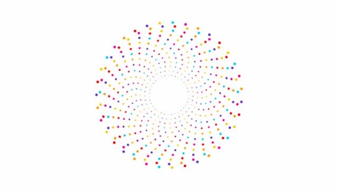 从中心旋转的点的动画彩色圆圈。循环视频。多色ector插图孤立在白色背景上。