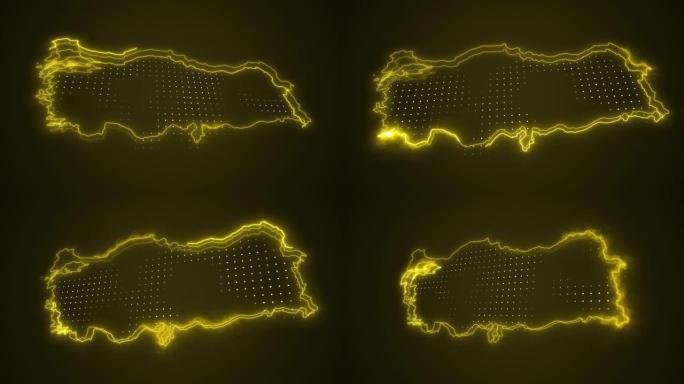3D移动霓虹黄色火鸡地图边框轮廓循环背景