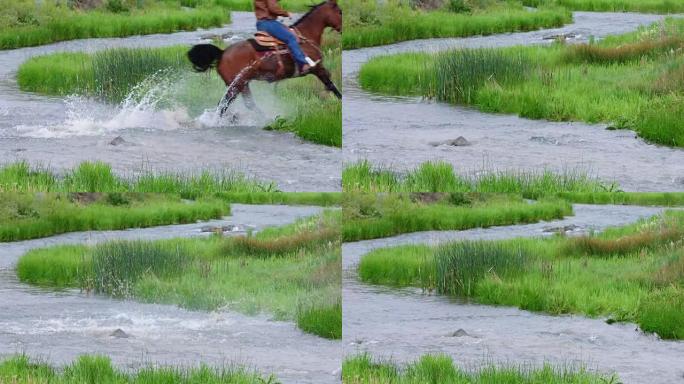 骑马者在河中踢喷雾