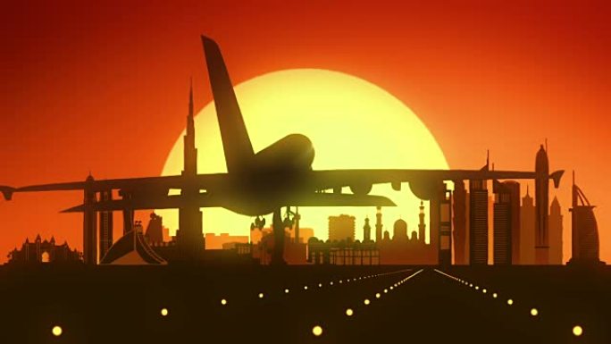 迪拜阿联酋阿拉伯塔朱美拉酋长国野生动物园亚洲旅游飞机降落城市假日橙色红色金色剪影梦想背景飞机飞机商业