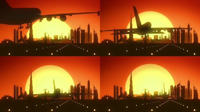 迪拜阿联酋阿拉伯塔朱美拉酋长国野生动物园亚洲旅游飞机降落城市假日橙色红色金色剪影梦想背景飞机飞机商业