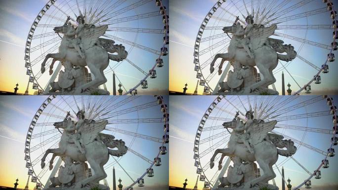 水星骑着飞马雕像和巴黎杜伊勒里花园的巨型摩天轮