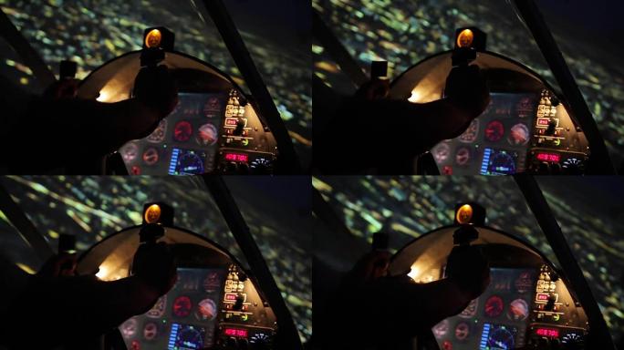 细心的飞行员操纵私人飞机在晚上的时间，凉爽的城市景色
