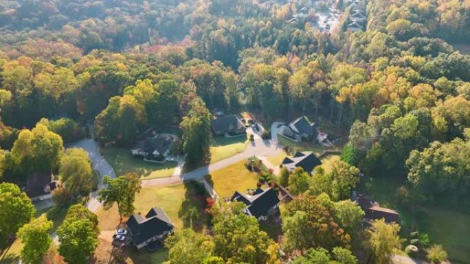 从南卡罗来纳州郊区黄色秋天树木之间的昂贵住宅上方观看。美国梦homes作为美国郊区房地产开发的例子