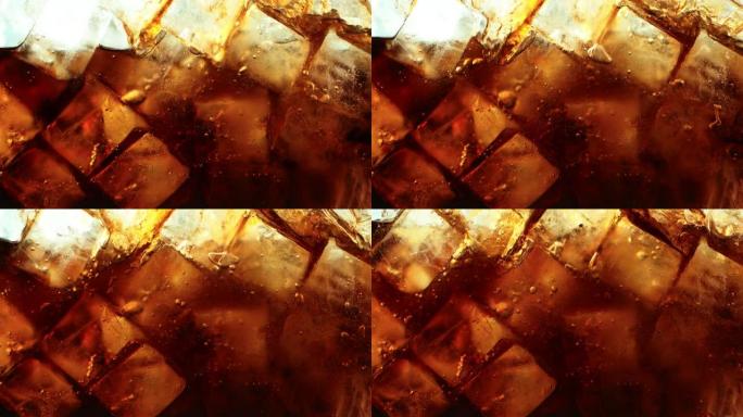 将可乐倒入冰块的超慢动作。