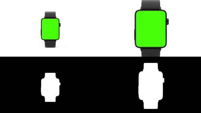 4k分辨率视频: 黑色现代智能手表模型，带表带和绿色屏幕，在白色背景上无缝跳跃，带阿尔法哑光