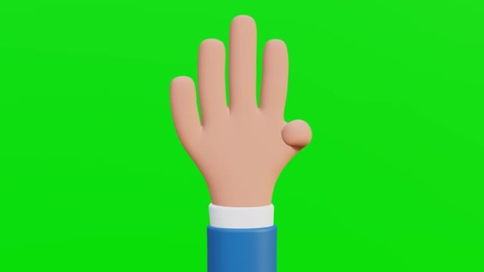 计数手。倒计时手势。3D手指显示数字从1到5隔离在绿色色度键上，用于广告，计数倒计时从1到5和5到1