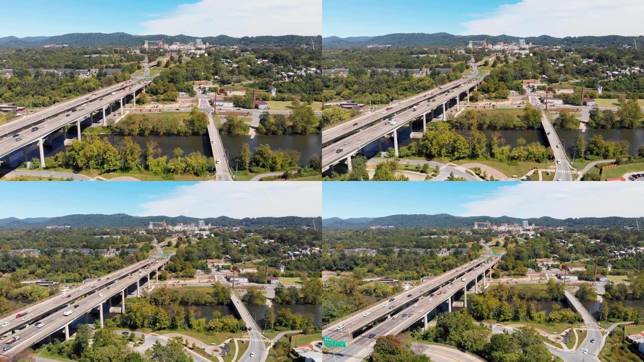 北卡罗来纳州阿什维尔法国宽河上海伍德街大桥的4k无人机视频