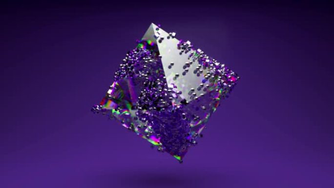 水晶人物旋转。小颗粒在表面上滑动。宝石刻面中的折射光。