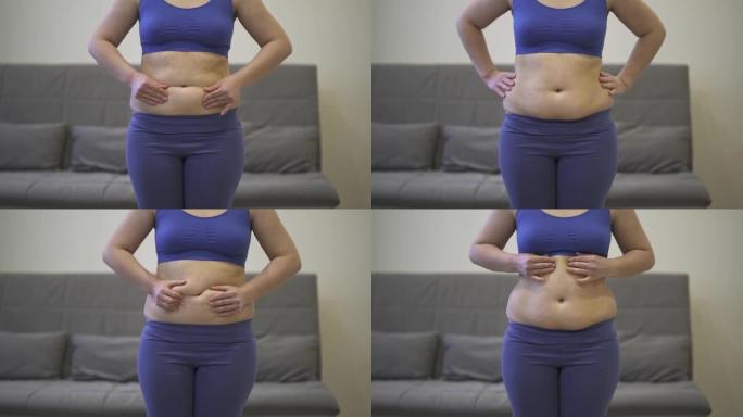 腹部按摩，腹部收腹和肥胖腹部松弛的皮肤，女人做自我按摩
