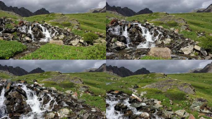 阿尔泰河上的瀑布视频。溪流上的瀑布被高山草甸包围。