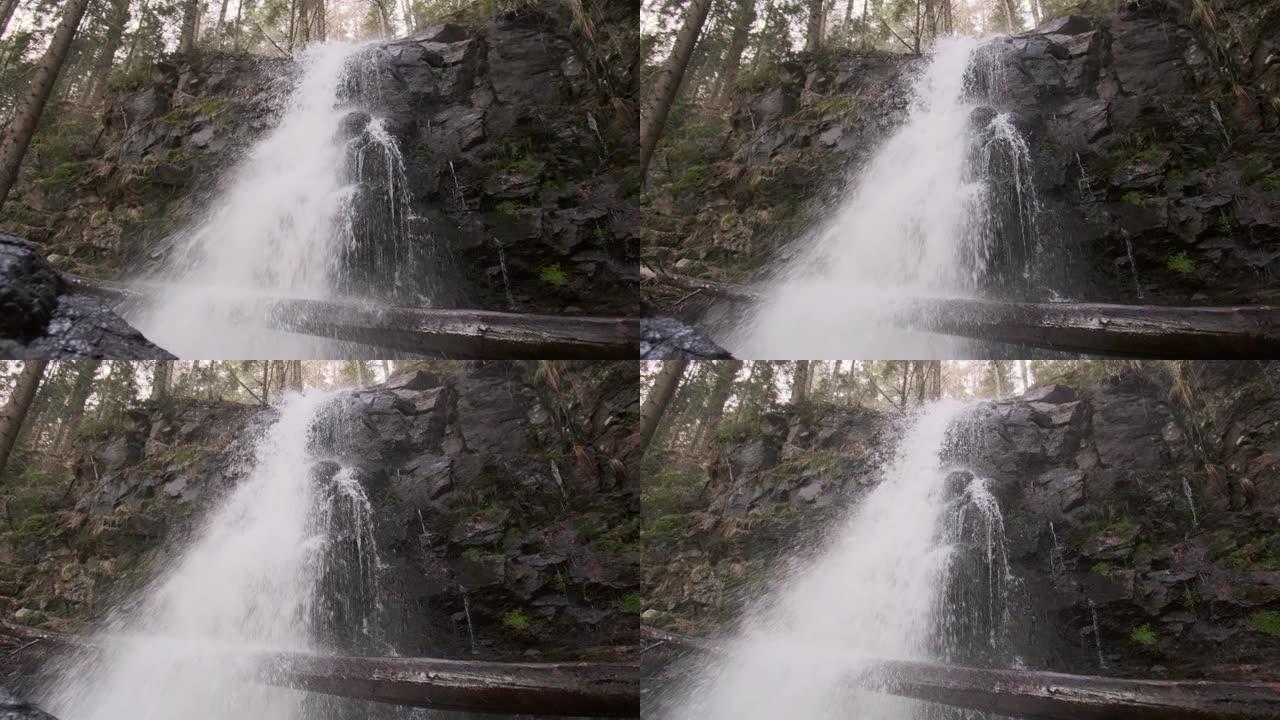 森林中一个小瀑布的特写视图