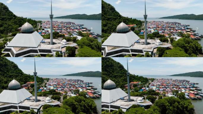 清真寺和渔村。马来西亚沙巴州山打根。