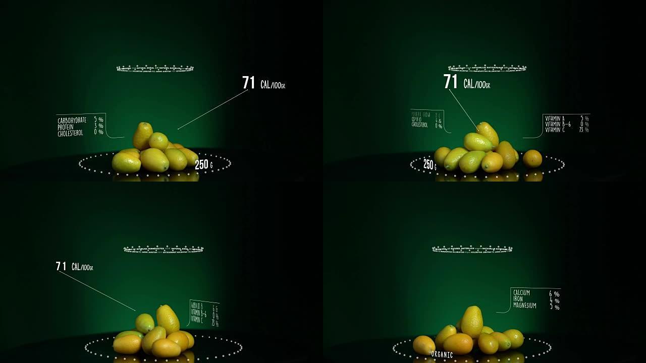 金橘与维生素、微量元素矿物质的信息图。能量、卡路里和成分