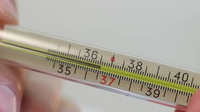 特写手握温度计，健康体温