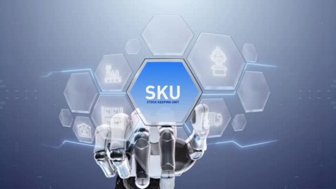 SKU库存保持单元机器人手触摸，触摸未来，界面技术，用户体验的未来，旅程和技术概念，数字屏幕界面