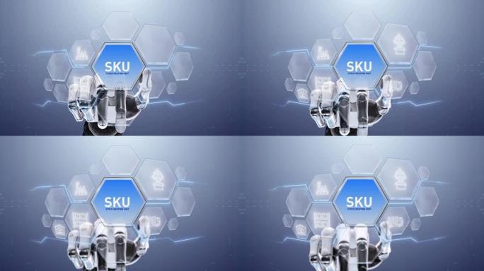 SKU库存保持单元机器人手触摸，触摸未来，界面技术，用户体验的未来，旅程和技术概念，数字屏幕界面