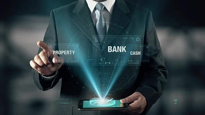 具有可靠性概念的商人使用数字平板电脑从房地产现金中选择银行