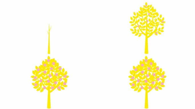 黄色的树逐渐生长，叶子出现在树枝上。粉红色的花朵盛开。黑色符号。春天的概念。孤立在白色背景上的平面矢