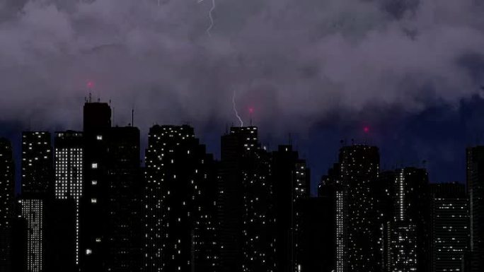 特大城市摩天大楼上空的暴风雨，大雨和雷声