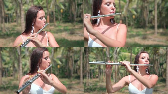 一个穿着白色连衣裙的女孩手里拿着笛子演奏。
