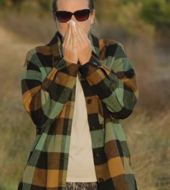 一个穿着格子衬衫的年轻女子在树林里，用手帕吹鼻子。垂直视频社交媒体