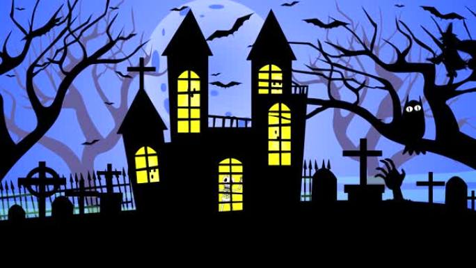 关于万圣节的动画场景，女巫在房屋前飞翔，树枝在房屋前摇曳，墓地，蝙蝠在飞翔以及房屋内各种黑暗生物。