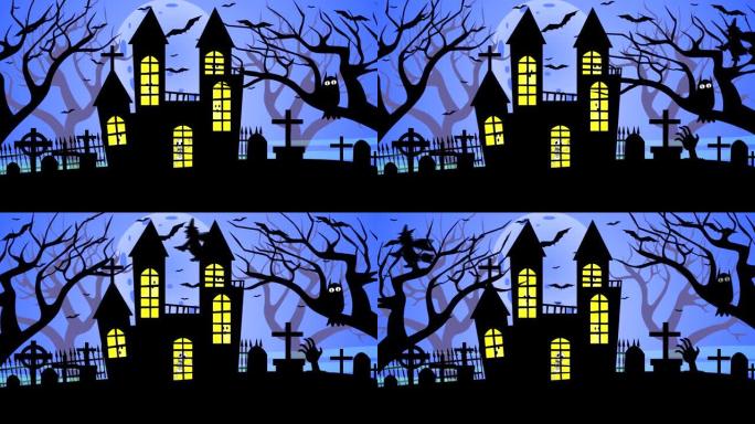 关于万圣节的动画场景，女巫在房屋前飞翔，树枝在房屋前摇曳，墓地，蝙蝠在飞翔以及房屋内各种黑暗生物。