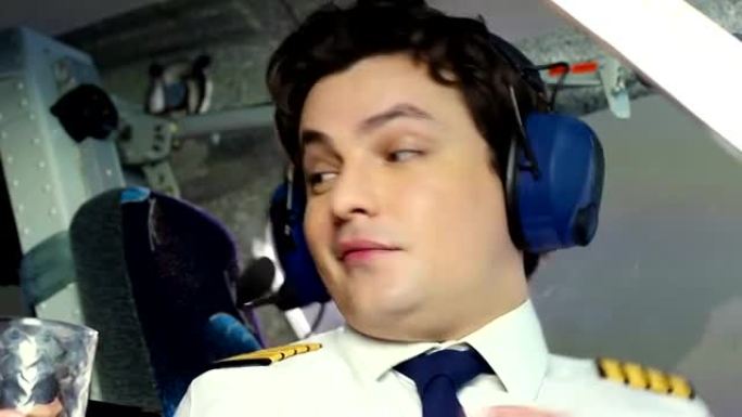 惊讶的男性飞行员拒绝在飞机上喝酒的提议