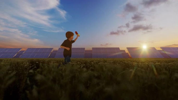 小男孩在日落时用太阳能电池板在麦田里奔跑，4K