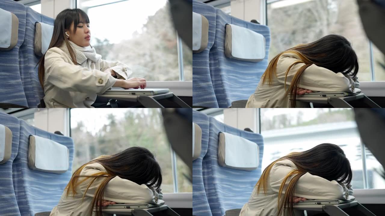 4k亚洲女人在火车上打盹。