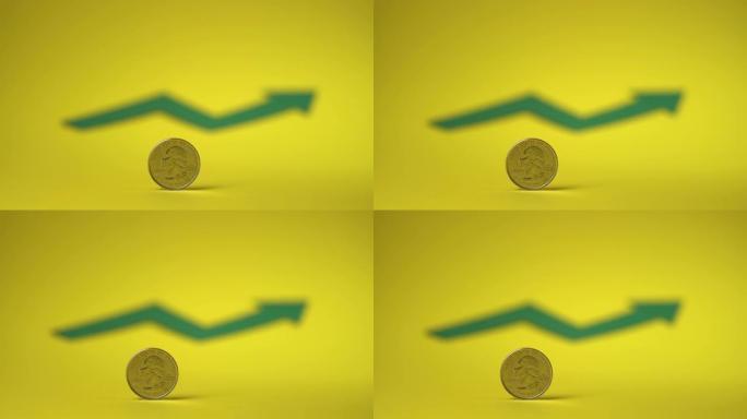黄色背景上的四分之一美元硬币。背景中模糊的绿色箭头。为未来存钱。