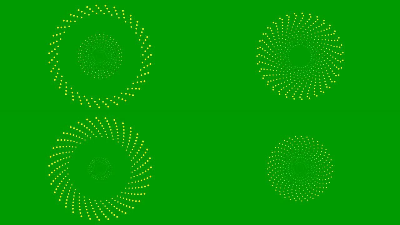 动画增加的黄点从中心开始旋转。循环视频。矢量插图孤立在绿色背景上。