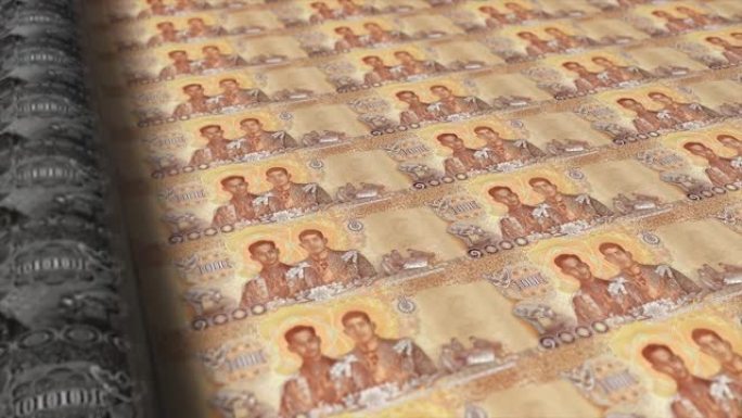 泰国，泰铢印刷机打印出当前1000泰铢钞票，无缝循环，泰国货币背景，4K，聚焦深度Smoot和尼斯