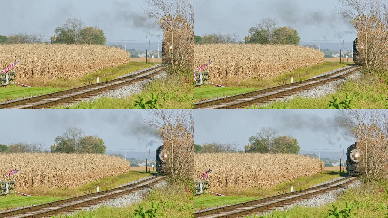 一辆古董蒸汽机车穿过玉米田的视图