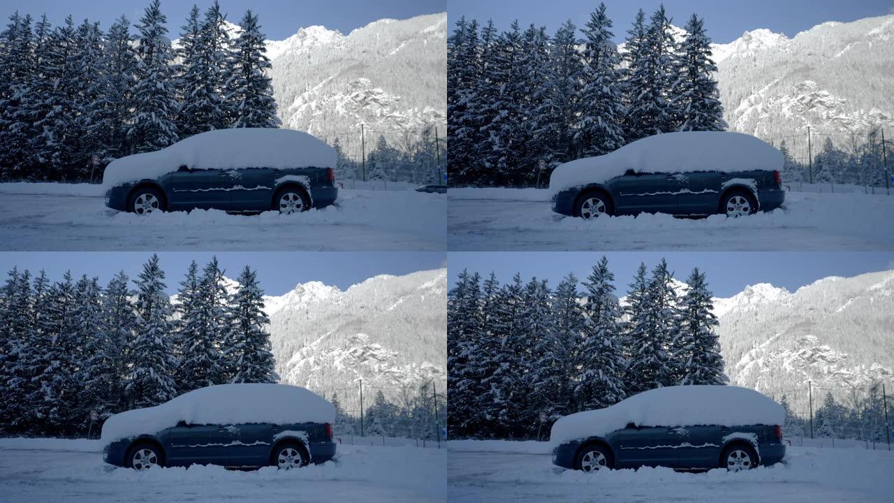 停在山区道路上的积雪覆盖的汽车的静态拍摄
