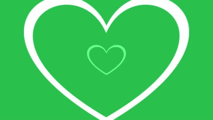 绿色屏幕背景上的缩小爱情形状运动图形效果。