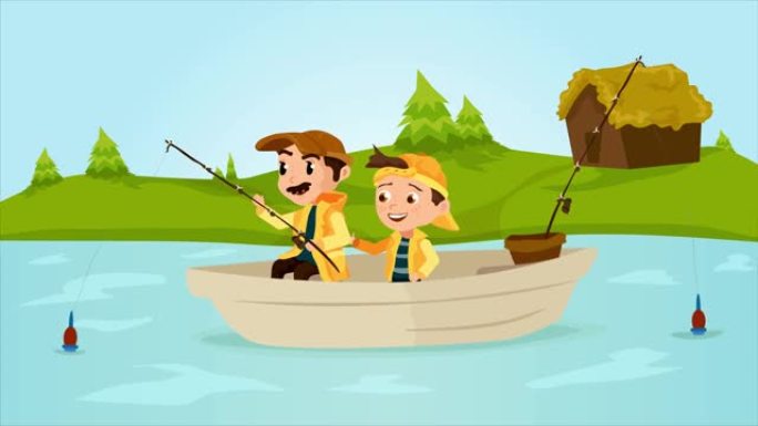 儿子和父亲的活动。与父母一起休闲活动。钓鱼插图矢量。2D动画，4k分辨率，可循环。